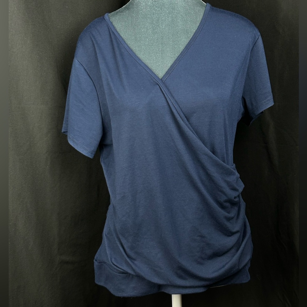 Navy Blue Faux Wrap V-Neck Tunic Top with Ruched Side Shirring Side Buttons